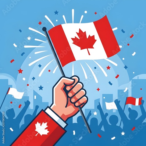 Canadian Flag Waving in Celebration with Confetti and Fireworks