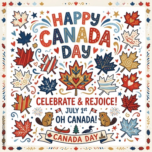 Happy Canada Day Celebration with Maple Leaves, Beaver, and Loon