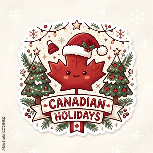 Cute Canadian Maple Leaf Wearing Santa Hat with Christmas Trees and Decorations