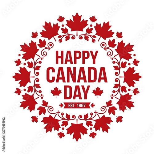 Happy Canada Day festive circular design with red maple leaves