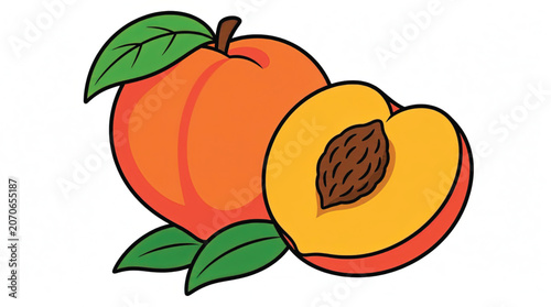 Fresh peach fruit with green leaves.