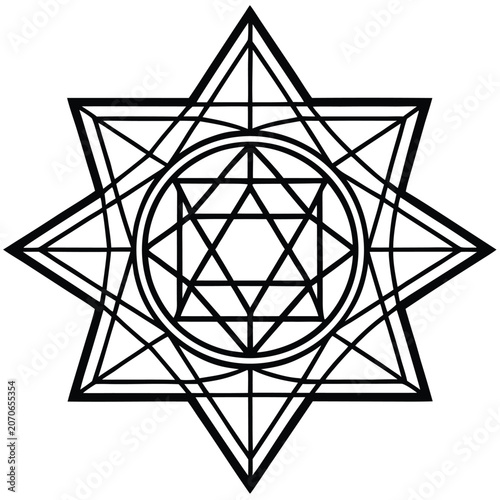 Sacred geometry star inside circle symbol with geometry monochrome abstract