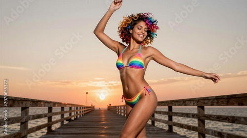 Vibrant Woman in Rainbow Bikini at Sunset Pier