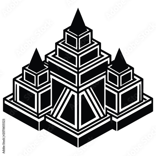 Isometric black and white architectural pyramid towers illustration