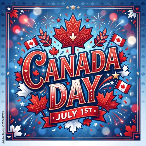 Canada Day Celebration with Maple Leaves and Fireworks