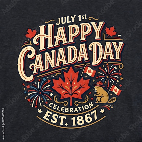 Happy Canada Day Greeting with Beaver and Maple Leaf