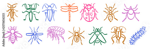 Bug Insect Thick Fly Icons Crayon Chalk Drawing Doodle Vector Set