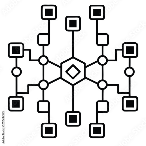 Central hub network diagram with connected nodes and square data points