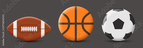 Sports balls. Soccer ball, basketball and football. Vector 3d hand drawn illustration.