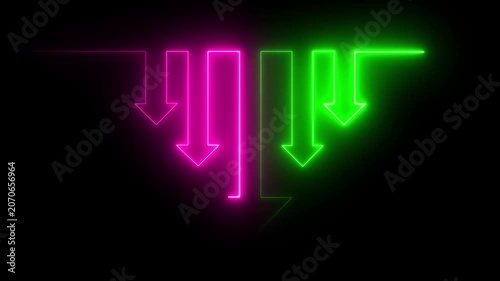 Neon glowing arrows moving forward on dark background loop.