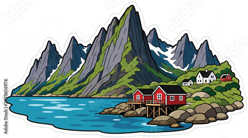 Red house on water mountain landscape.
