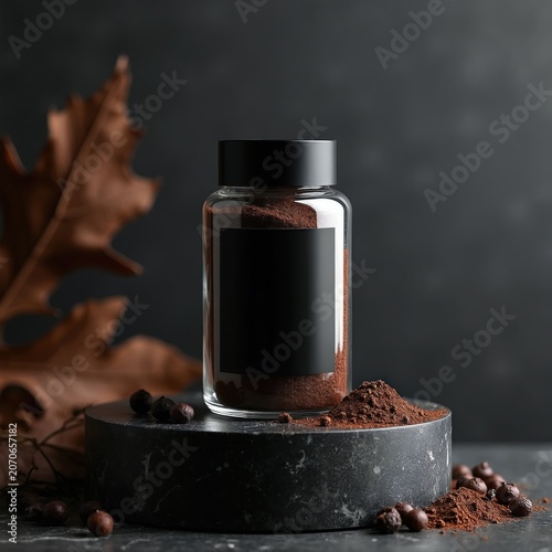 Glass jar with dark powder sits on stone pedestal. Dry leaf nearby, dark background. Minimalist still life, rustic mood, autumn theme. Spice presentation for branding.