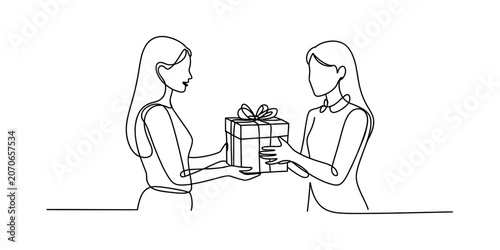 Bilde på lerret One line drawing of a woman giving a gift box to another woman celebrating a spe
