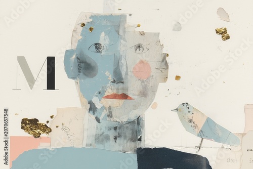 Paper collage with pastel blue abstract man and gold fragments