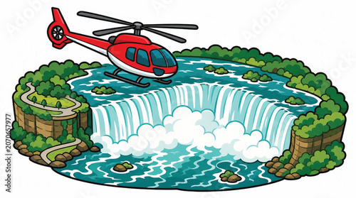 Red Helicopter Flying Over Waterfall.