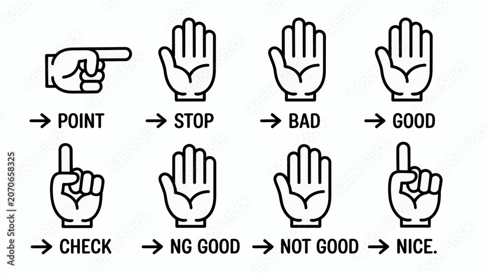 Fototapeta premium Hand Signal Icons Depicting Gestures Including Pointing Stopping And Approval In Black Line Style gesture signals pointing stop thumbs