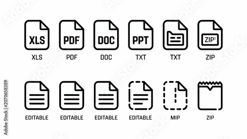 File type icons with document extensions on a white background displaying common formats xls pdf doc ppt txt zip
