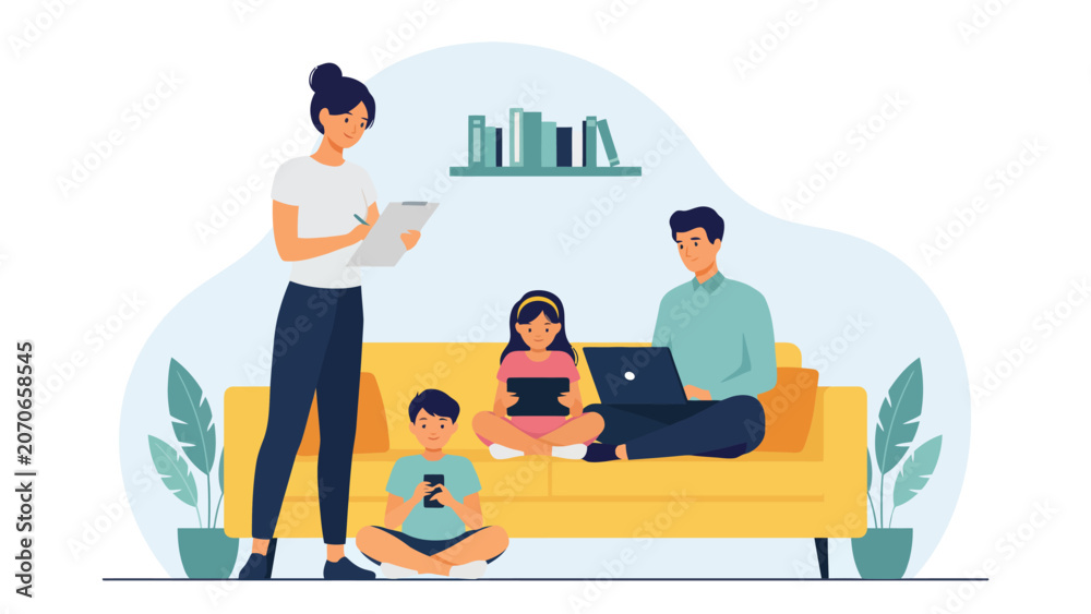Obraz premium happy family at home flat vector illustration with parents and children using digital devices, modern living room, technology and family bonding