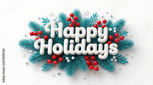 Festive Happy Holidays Text Decoration with Pine Branches and Red Berries