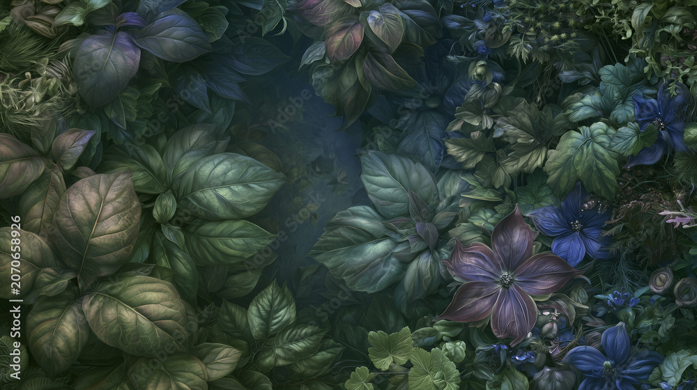 Fototapeta premium Moody botanical background with dark green leaves, soft purple flowers and shadowy natural texture, ideal for wallpaper, floral design and elegant branding.