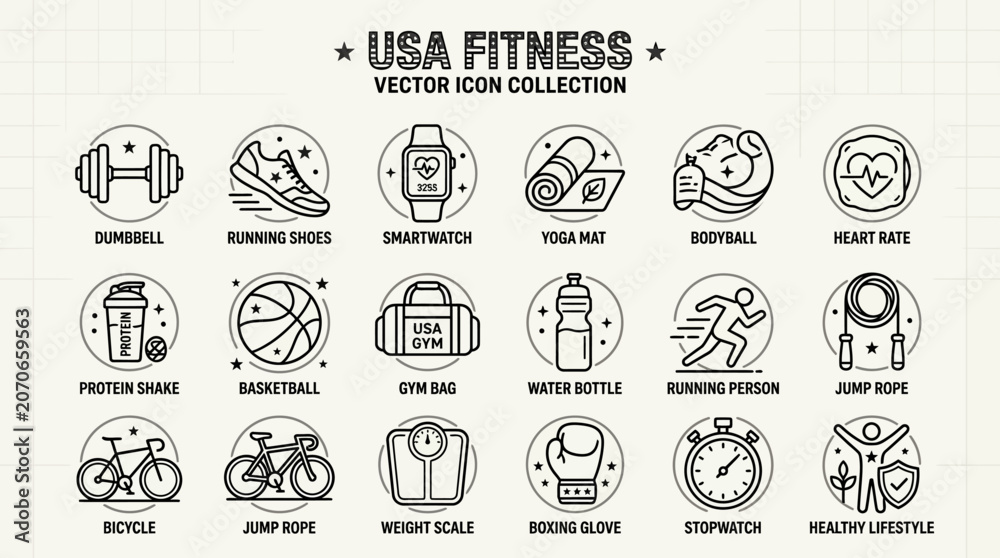 Obraz premium USA fitness icons showcase various gym equipment and sports gear for athletes