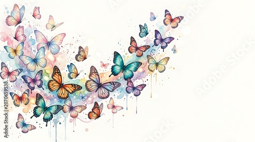 Vibrant Watercolor Butterflies Flying Over Soft Pastel Background