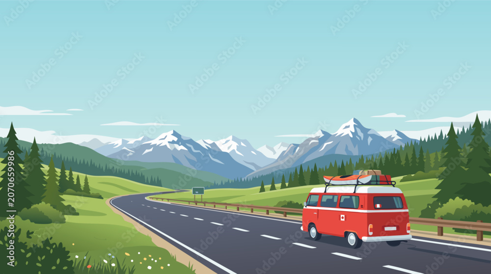 Naklejka premium Scenic mountain road trip illustration for Canada Day July 1st pride celebration with empty copy space for festive vacation travel banners