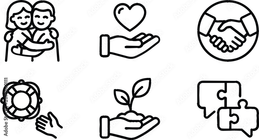 Fototapeta premium Charity community support partnership and corporate social responsibility line vector icon set
