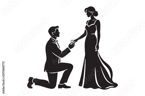 Silhouette of a man proposing to a woman in evening wear