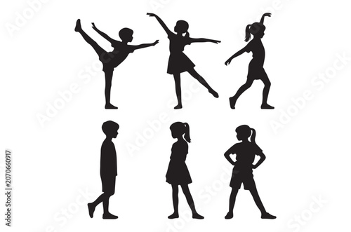 Children Silhouette Collection Black Shapes Against White Background