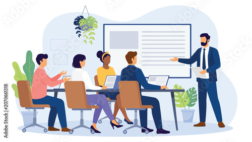 Corporate Business Presentation Vector Illustration with Professional Team Meeting, Office Training, Strategy Discussion and Leadership