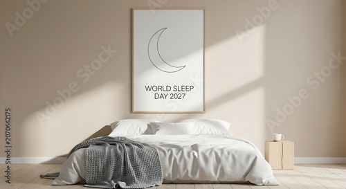 Cozy bedroom with world sleep day poster on wall