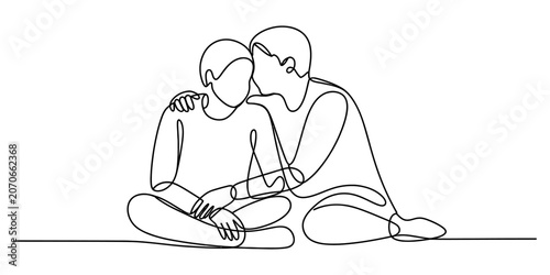 Cuadro en lienzo Continuous single line drawing of two people sitting together hugging and comfor