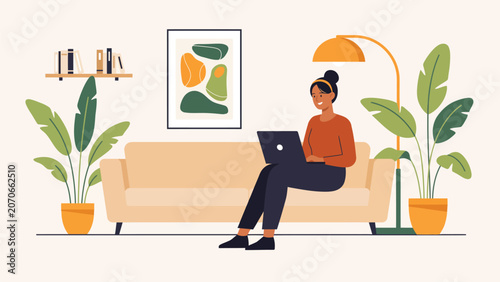 woman working remotely on laptop from home office with modern digital workspace and flexible lifestyle illustration