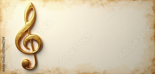 Golden treble clef rests on textured aged paper background. Symbol of music, elegance and classic art. Great for concert invites or music school posters.