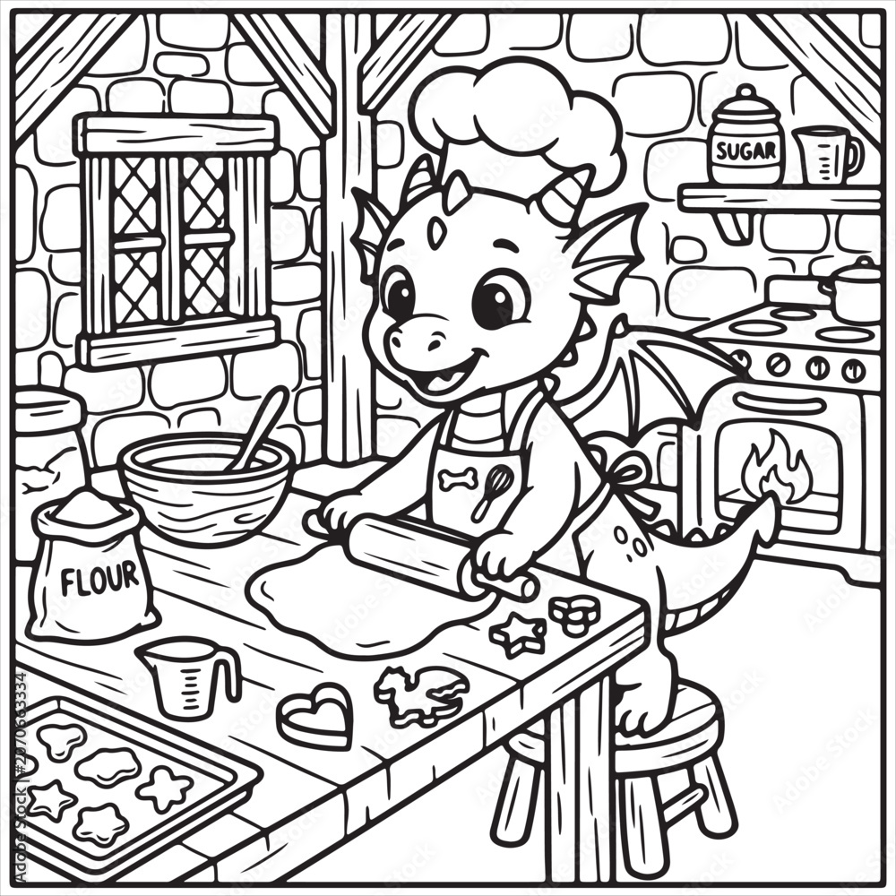 Fototapeta premium Cute dragon baking cookies in a kitchen