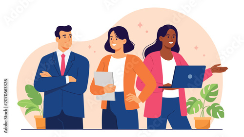 diverse business team standing together with laptop representing collaboration leadership and workplace diversity