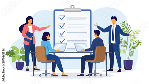 business planning meeting with task checklist management and team collaboration in modern office workspace illustration