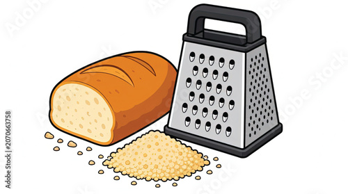 Grater next to bread and cheese.