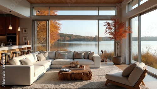 Modern living room with large windows overlooking lake and autumn trees. White sectional sofa, wood coffee table, plush rug. Open kitchen area with island and stools.
