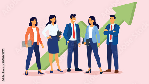 diverse business team standing together with growth arrow symbol representing leadership success and corporate achievement