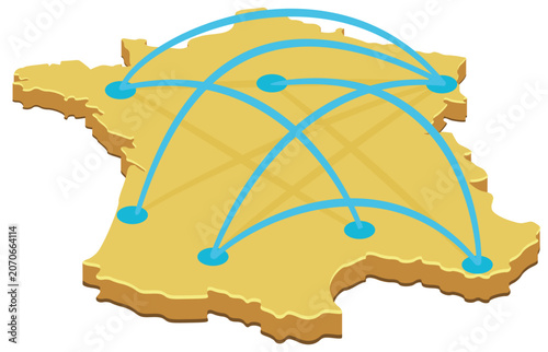 Isometric golden map of France representing decentralized logistics, domestic trade, data transfer, distribution hub, and digital telecommunication connectivity network (cut out).