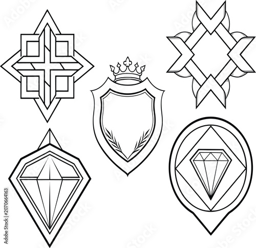 Set of geometric heraldic emblems and symbols with geometric heraldic ornament