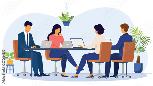 business team meeting collaboration in modern office workspace with professionals discussing strategy around conference table