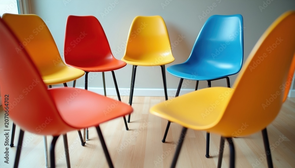 Fototapeta premium Colorful chairs arranged in a circle suggest teamwork and creativity. Modern furniture invites collaboration for meetings and workshops. Bright seating creates a vibrant and welcoming atmosphere.