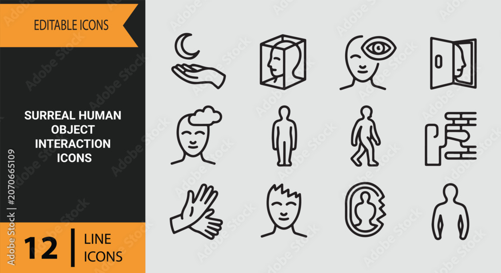 Naklejka premium Deep surreal human object interaction outline icons for psychological concepts and modern editorial art