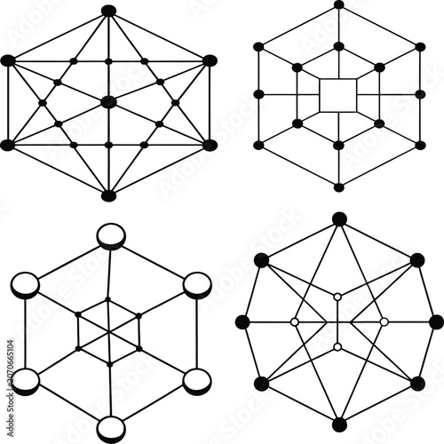 Geometric polyhedron wireframe structures and mathematical nodes with geometric