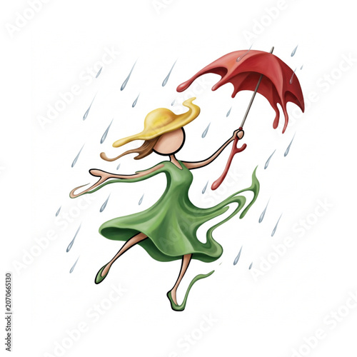 Woman dancing in the rain with an umbrella, whimsical art style.