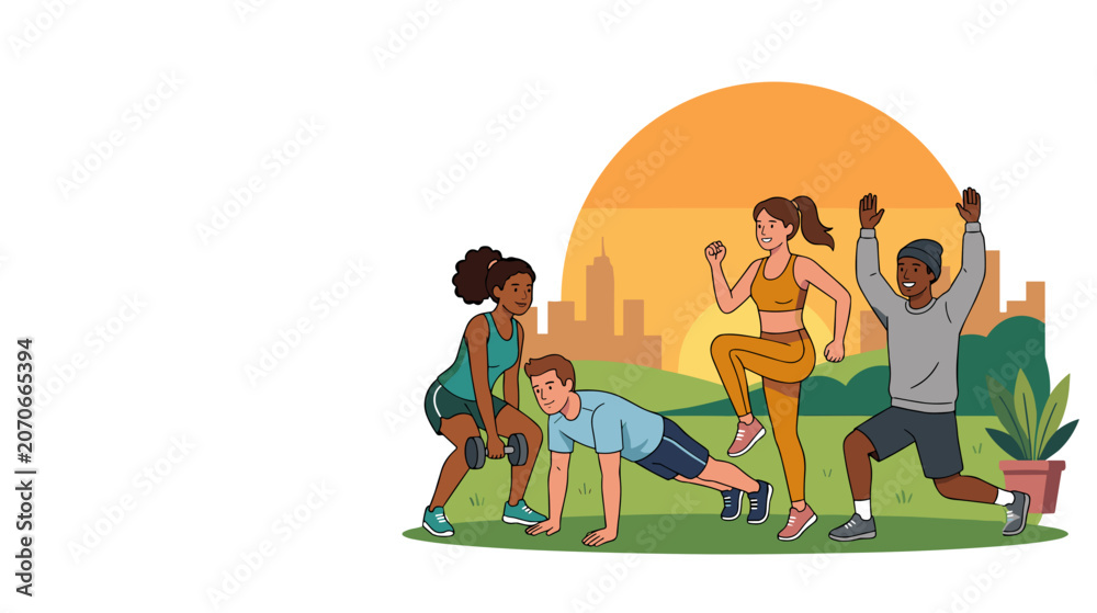 Fototapeta premium Youth fitness group exercising outside with healthy lifestyle concept during dynamic morning workout session