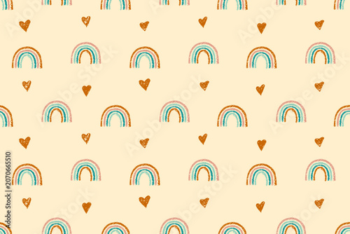 Crayon kid icons - rainbow, hearts. Seamless pattern with doodle rainbows and hearts in chalk texture. Cute summer child background, funny vector illustration